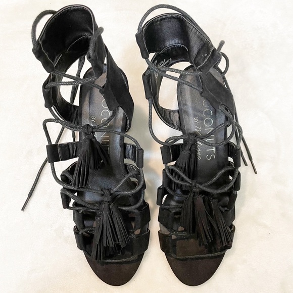 COCONUTS MATISSE Copa Tassel Lace Up Strappy Sandals Heel Suede Black 6 - Picture 2 of 7
